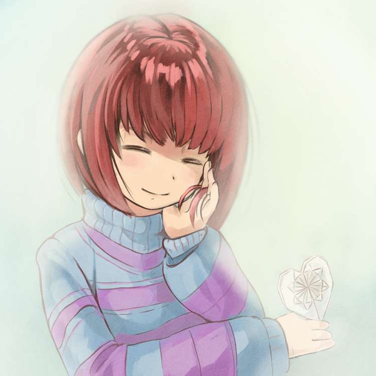 androgynous bangs brown_hair closed_eyes drawn_flower frisk_(undertale) hand_in_hair hand_on_own_cheek heart long_sleeves saturnspace smile solo striped striped_sweater sweater turtleneck undertale upper_body