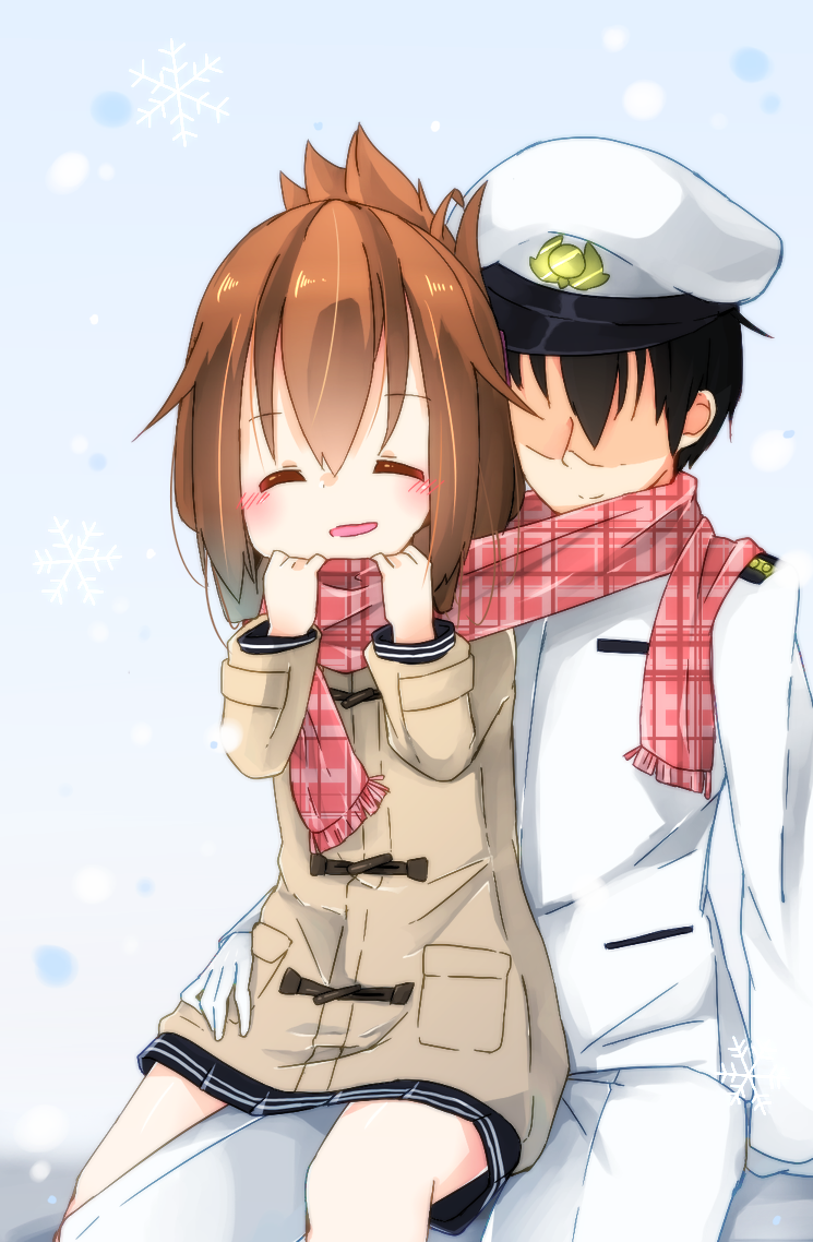 1girl admiral_(kantai_collection) blush brown_hair closed_eyes commentary_request duffel_coat folded_ponytail gurantsu hat inazuma_(kantai_collection) kantai_collection military military_uniform naval_uniform open_mouth peaked_cap scarf shared_scarf sitting sitting_on_lap sitting_on_person smile toggles uniform winter