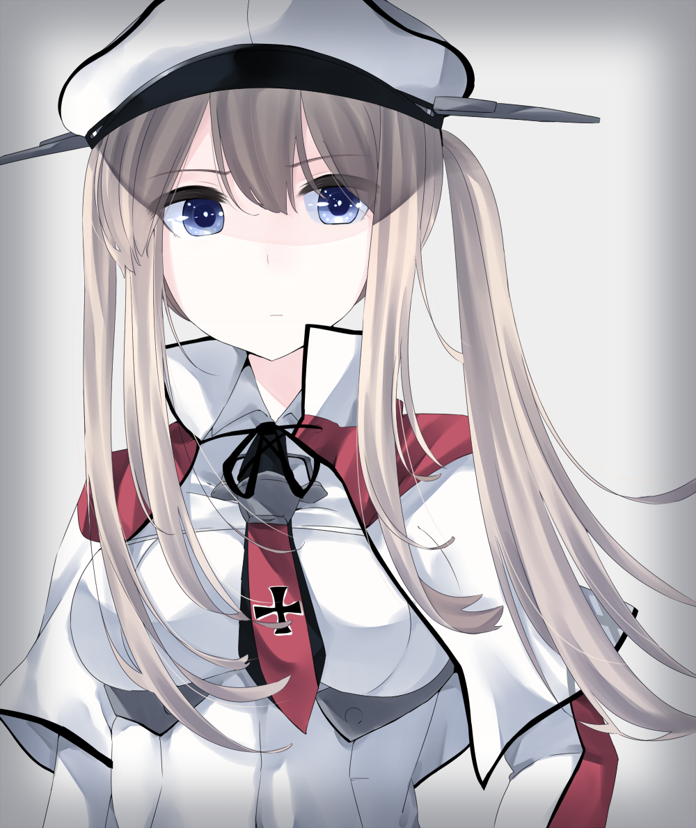 alternate_eye_color blonde_hair blue_eyes breasts capelet commentary_request cross graf_zeppelin_(kantai_collection) hair_between_eyes hat impossible_clothes jacket kantai_collection large_breasts long_hair looking_at_viewer necktie peaked_cap sidelocks simple_background solo tsurime twintails uniform upper_body white_capelet yukichi_(sukiyaki39)
