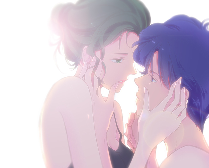 1girl bangs bare_shoulders bishoujo_senshi_sailor_moon black_moon_clan blue_hair blurry bokeh breasts cleavage depth_of_field eye_contact face-to-face from_side green_eyes green_hair hair_bun hand_in_hair hand_on_another's_face hetero holding_hands long_hair looking_at_another medium_breasts parted_lips petz_(sailor_moon) saki_(hxaxcxk) saphir_(sailor_moon) sleeveless upper_body white_background