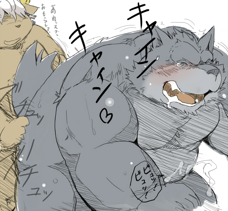 all_fours anal anal_penetration blush canine caprine censored chubby cum doggystyle drooling duo from_behind hachirouta horn japanese_text kemono male male/male mammal penetration saliva sex sheep simple_background sweat text translation_request white_background wolf