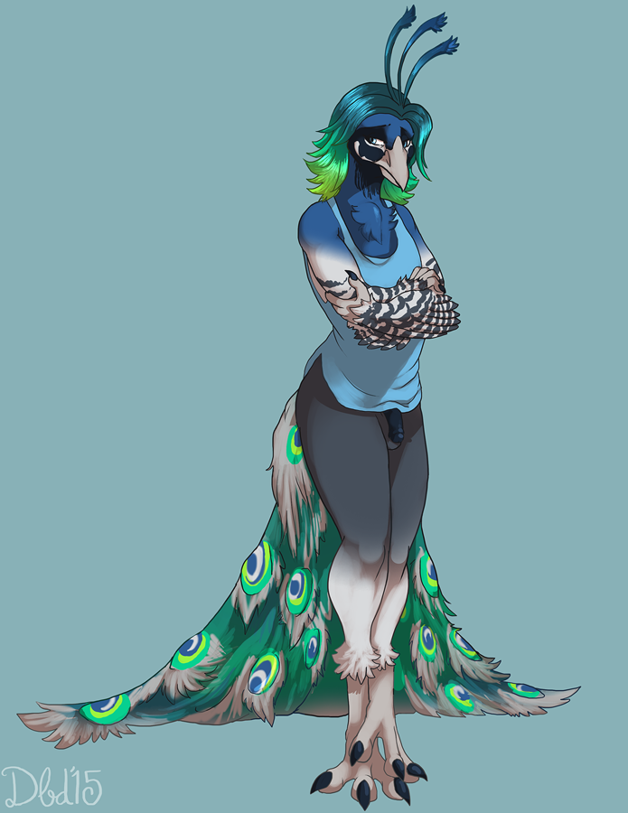 2015 anthro avian balls beak bird black_penis blue_background blue_eyes blue_feathers bottomless clothed clothing crossed_arms dbd digital_media_(artwork) feathers flaccid green_feathers hair half-dressed male multicolored_hair peafowl penis simple_background solo standing talons