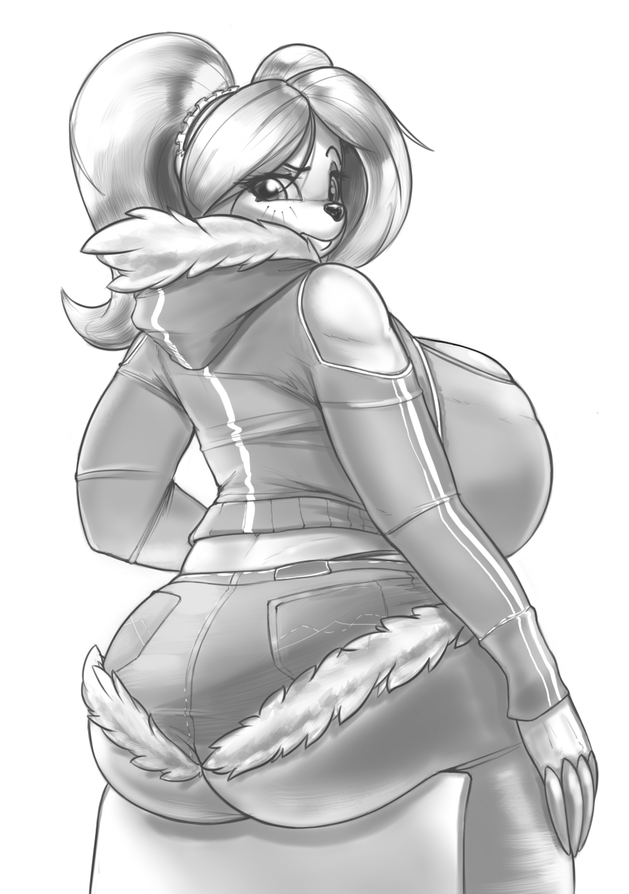 anthro big_breasts big_butt breasts butt clothing cutoffs denim_shorts female greyscale hair hi_res hoodie huge_breasts huge_butt looking_back monochrome pigtails raised_eyebrow shorts sitting solo unknown_species xopachi