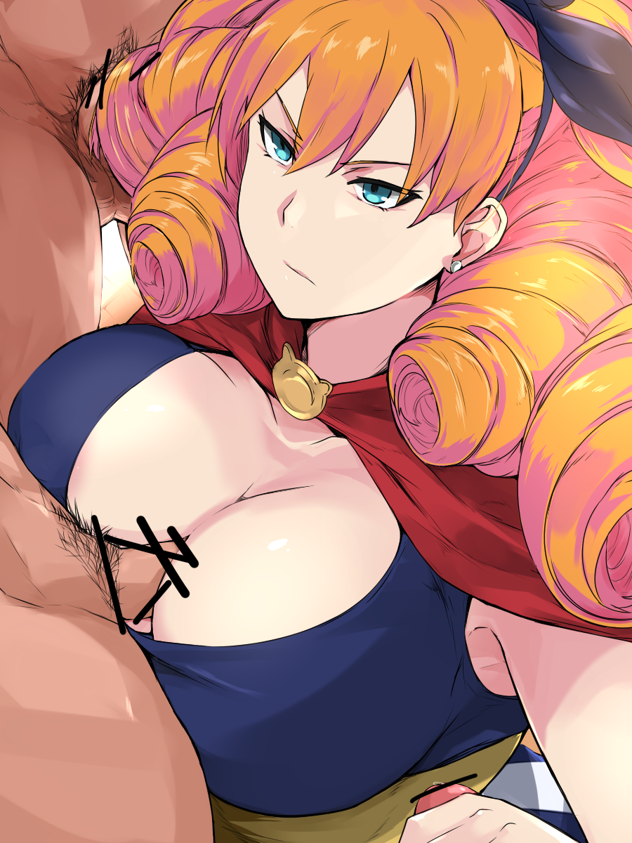 1girl bar_censor black_hairband blue_eyes breasts cafekun cape censored cleavage closed_mouth clothed_female_nude_male drill_hair earrings frown group_sex hair_between_eyes hairband hairjob handjob highres jewelry large_breasts long_hair male_pubic_hair melie nude orange_hair paizuri paizuri_under_clothes penis pubic_hair radiant red_cape solo_focus stud_earrings tank_top testicles