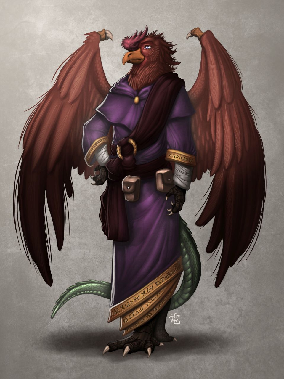 2014 anthro avian avoid_posting beak claws clothing cockatrice feathers green_scales hi_res inert-ren malakim male portrait purple_eyes red_feathers reptile robe runes scales scalie simple_background solo standing talons wings