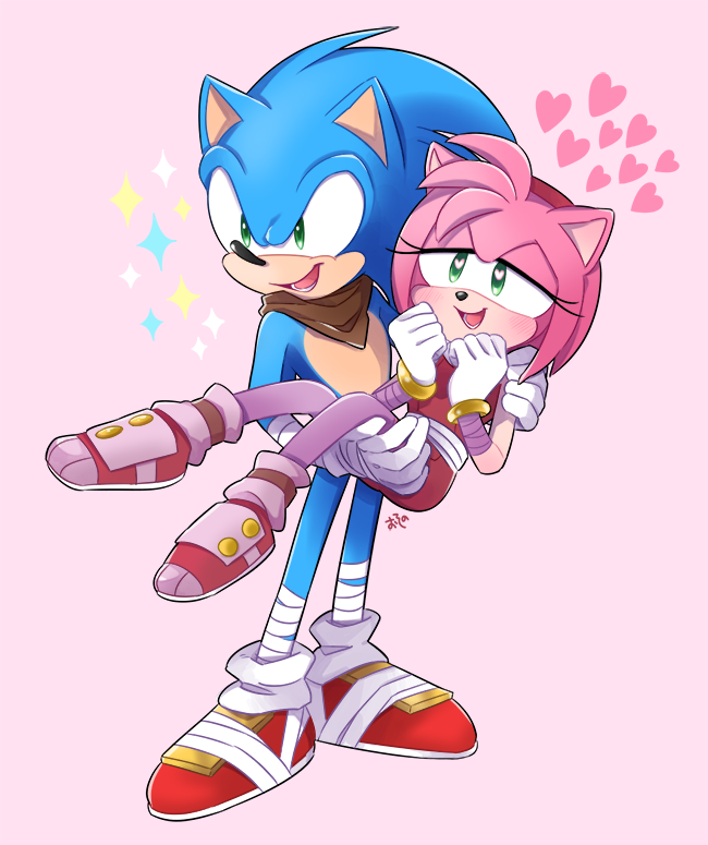 &lt;3 &lt;3_eyes 1boy 1girl ??? amy_rose anthro bare_shoulders black_nose blue_hair blush clothing duo female footwear furry gloves green_eyes hair half-closed_eyes headband hedgehog male mammal mobian_(species) pink_hair scarf sega short_hair sonic sonic_(series) sonic_boom sonic_the_hedgehog video_games