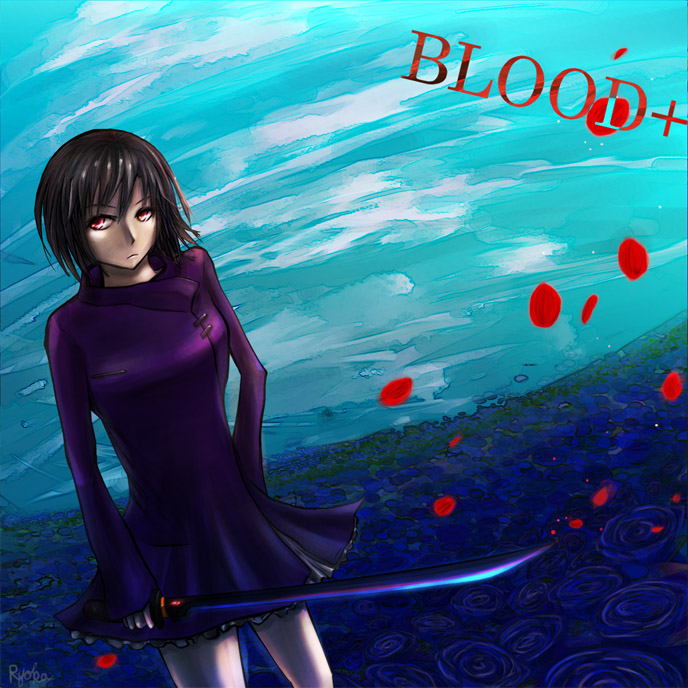 bad_id bad_pixiv_id black_hair blood+ breasts dress katana otonashi_saya red_eyes short_hair skirt solo sword weapon