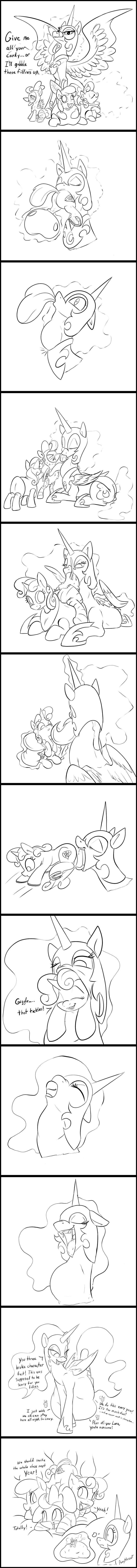 2015 absurd_res apple_bloom_(mlp) black_and_white comic costume cutie_mark cutie_mark_crusaders_(mlp) dialogue earth_pony english_text equine eyes_closed female feral friendship_is_magic group hair hi_res horn horse licking licking_lips mammal monochrome my_little_pony nightmare_moon_(mlp) pegasus pony ponythroat saliva scootaloo_(mlp) smile swallowing sweat sweetie_belle_(mlp) text tongue tongue_out unicorn vore wings young