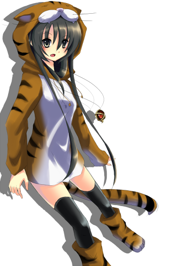 alastor_(shakugan_no_shana) animal_costume animal_print bad_id bad_pixiv_id black_hair boots brown_eyes costume hood hoodie jewelry long_hair murasawa_kyara pendant shakugan_no_shana shana thighhighs tiger tiger_costume tiger_print