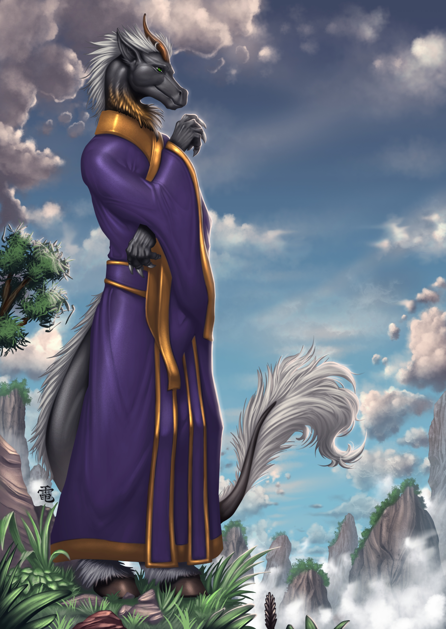 anthro avoid_posting black_scales claws clothed clothing cloud dragon fur gold_fur grass green_eyes hair hi_res hooves horn hybrid inert-ren kirin long_ears male mane mountain nianzu portrait robe scales solo standing white_hair