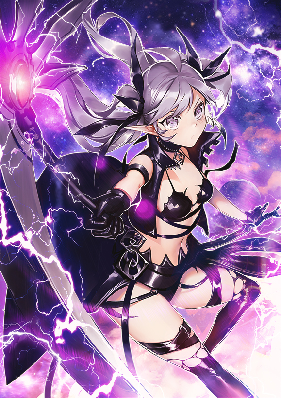ahoge arm_strap bad_id bad_pixiv_id bangs belt bikini_top black_gloves black_legwear blush breasts cleavage closed_mouth collar cropped_jacket electricity frown gloves hair_ornament holding holding_weapon jewelry land_of_caromag leclle long_hair midriff navel outstretched_arms over-kneehighs pendant planet pointy_ears purple_background scythe silver_eyes silver_hair sleeveless small_breasts solo thigh_strap thighhighs twintails weapon