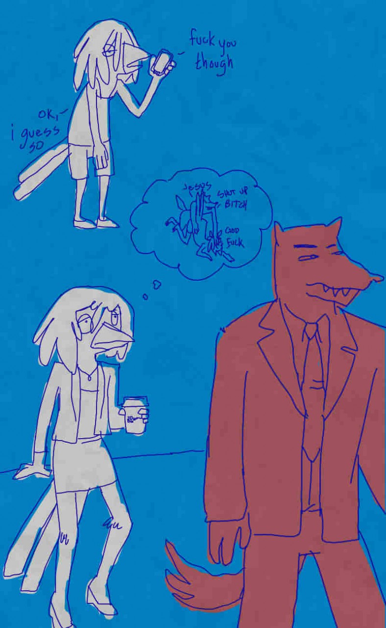 2015 all_fours avian beak bird blue_background canine clothed clothing dialogue doggystyle duo female from_behind male male/female mammal phone restricted_palette rml robin_(rml) sex simple_background thought_bubble
