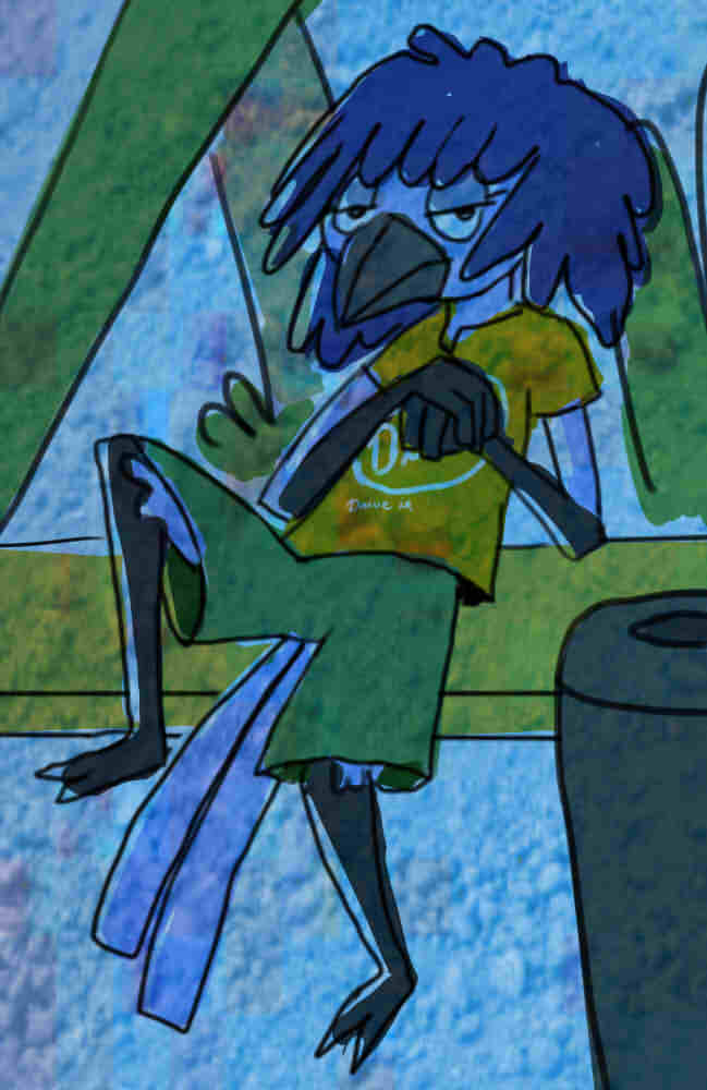 2015 ambiguous_gender anthro avian beak bird blue_feathers blue_hair blue_jay clothed clothing feathers hair looking_at_viewer reclining rml robin_(rml) solo