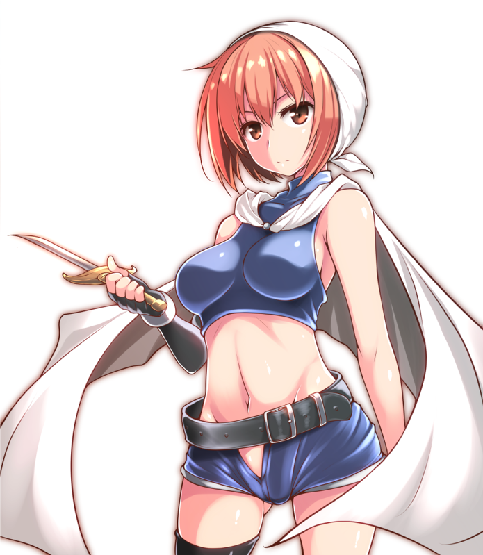 ass_visible_through_thighs bangs bare_arms bare_shoulders belt big_wednesday black_gloves black_legwear bracelet breasts breasts_apart cape cowboy_shot crop_top dagger elbow_gloves expressionless fingerless_gloves gloves groin hair_between_eyes halterneck harissa_(sennen_sensou_aigis) head_scarf holding holding_weapon impossible_clothes jewelry loose_belt medium_breasts midriff navel no_panties open_fly orange_eyes orange_hair outline sennen_sensou_aigis serious short_hair short_shorts shorts sideboob simple_background single_elbow_glove single_glove single_thighhigh skin_tight solo standing stomach thighhighs unzipped weapon white_background white_cape
