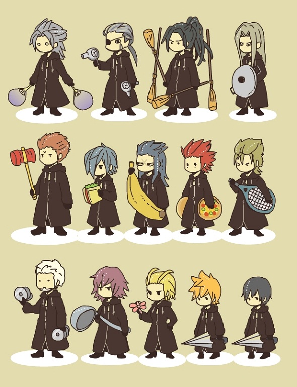 &gt;_&lt; 6+boys alternate_weapon antenna_hair axel_(kingdom_hearts) banana black_coat black_coat_(kingdom_hearts) black_hair blonde_hair blue_hair broom brown_hair bug cd chibi closed_eyes closed_umbrella commentary_request demyx dragonfly dual_wielding everyone eyepatch facial_hair facial_mark fan food fruit gloves grey_hair hair_dryer hair_over_one_eye hairlocs holding holding_pizza insect kingdom_hearts kingdom_hearts_358/2_days ladle larxene lexaeus lid long_hair luxord marluxia multiple_boys multiple_girls o_o organization_xiii paper_fan pigeon-toed pink_hair pizza ponytail racket red_hair roxas saix sandwich saucepan_lid scar simple_background spiked_hair squeaky_mallet standing t_t tennis_racket uchiwa umbrella vexen weapon xaldin xemnas xigbar xion_(kingdom_hearts) yt_(kaisenpasta) zexion |_|