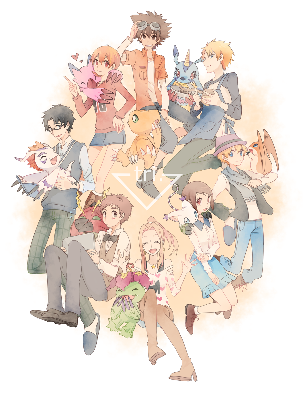 &lt;3 2015 agumon apron biyomon black_hair blonde_hair blue_eyes book bow_tie brown_eyes brown_hair clothed clothing computer digidestined digimon eyes_closed eyewear female fur gabumon gatomon glasses goggles gomamon green_eyes group hair hat hikari_kamiya horn human izzy_izumi joe_kido laptop male mammal matt_ishida mimi_tachikawa orange_fur palmon patamon red_body scales skirt sora_takenouchi taichi_kamiya takeru_takaishi tentomon vav white_fur yellow_scales