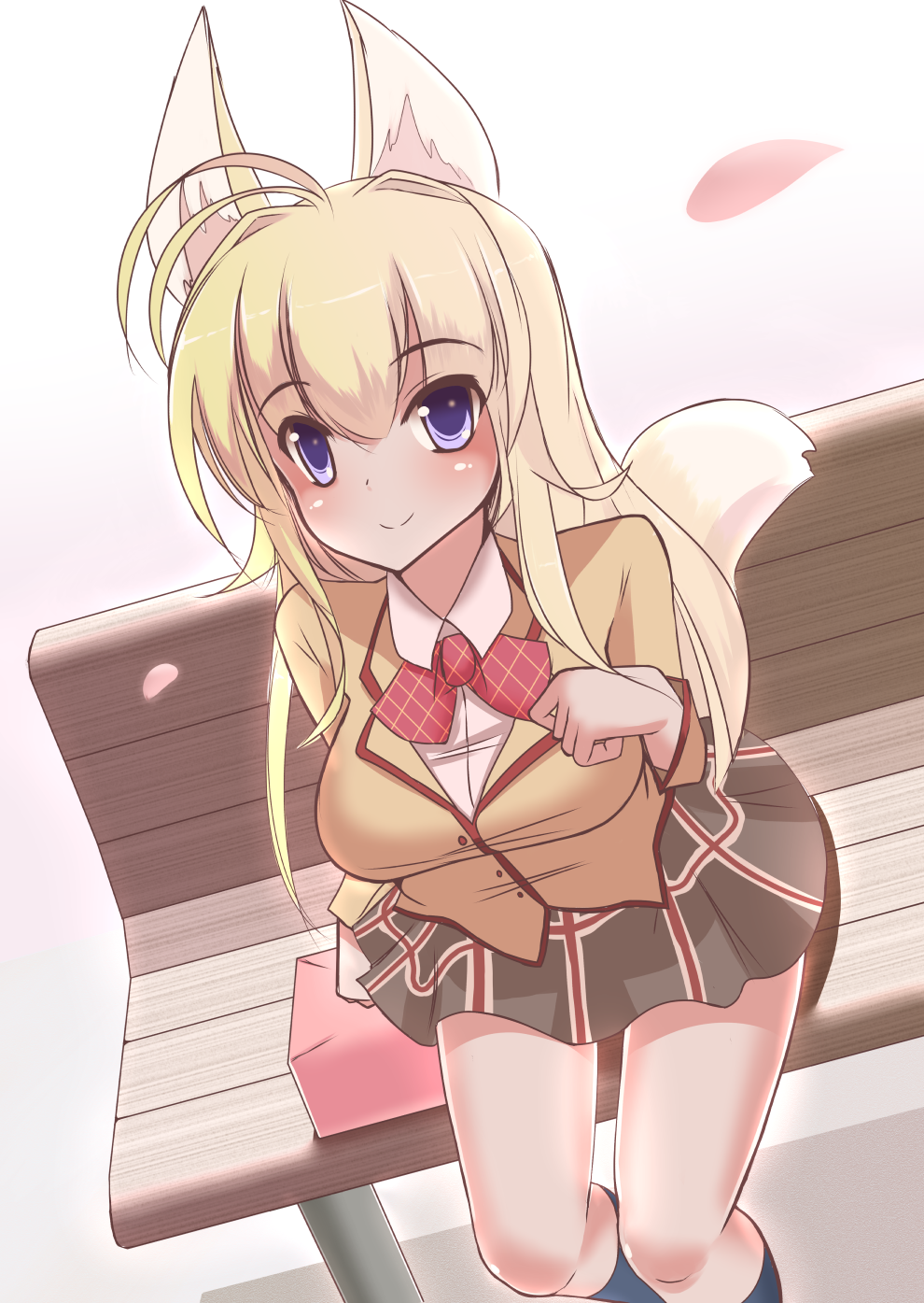 animal_humanoid big_breasts blonde_hair breasts canine clothed clothing female fox fox_humanoid hair humanoid kanokon kazukoto mammal minamoto_chizuru purple_eyes school_uniform sitting smile solo tight_clothing uniform