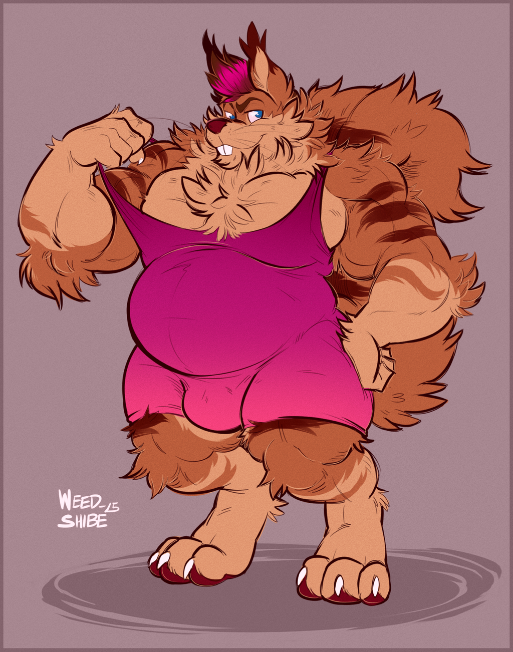 anthro barazoku biceps brown_fur bulge cappuccino chest_tuft clothing digitigrade ear_tuft elbow_tufts flexing fluffy fur hair male mammal musclegut muscular muscular_male pecs pink_hair rgmbleh rodent smile solo squirrel standing striped_fur stripes tuft wrestling_singlet