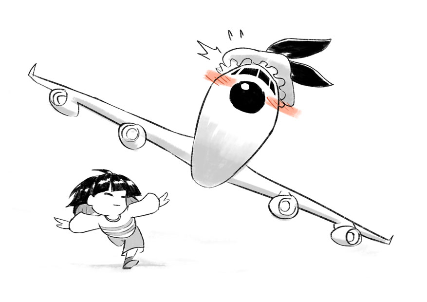 1girl aircraft airplane androgynous blush commentary flying flying_sweatdrops frisk_(undertale) greyscale hat lutherniel mob_cap monochrome outstretched_arms running simple_background spot_color tsundere tsunderplane undertale white_background