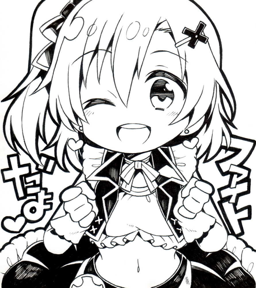 ;d blush chibi gloves hair_ornament hairclip kousaka_honoka kurisu_sai love_live! love_live!_school_idol_project midriff monochrome navel no_brand_girls one_eye_closed open_mouth shikishi simple_background smile solo white_background