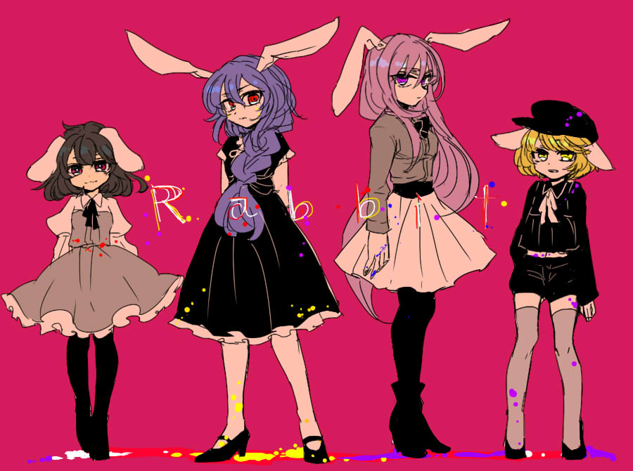 animal_ears bad_id bad_pixiv_id black_dress black_hair blonde_hair blue_hair bunny_ears dress floppy_ears full_body hat high_heels inaba_tewi long_hair looking_at_viewer mary_janes multiple_girls pantyhose pink_background pink_skirt purple_eyes purple_hair red_eyes reisen_udongein_inaba ringo_(touhou) seiran_(touhou) shimana_(cs-ts-az) shoes shorts simple_background skirt thighhighs touhou very_long_hair yellow_eyes