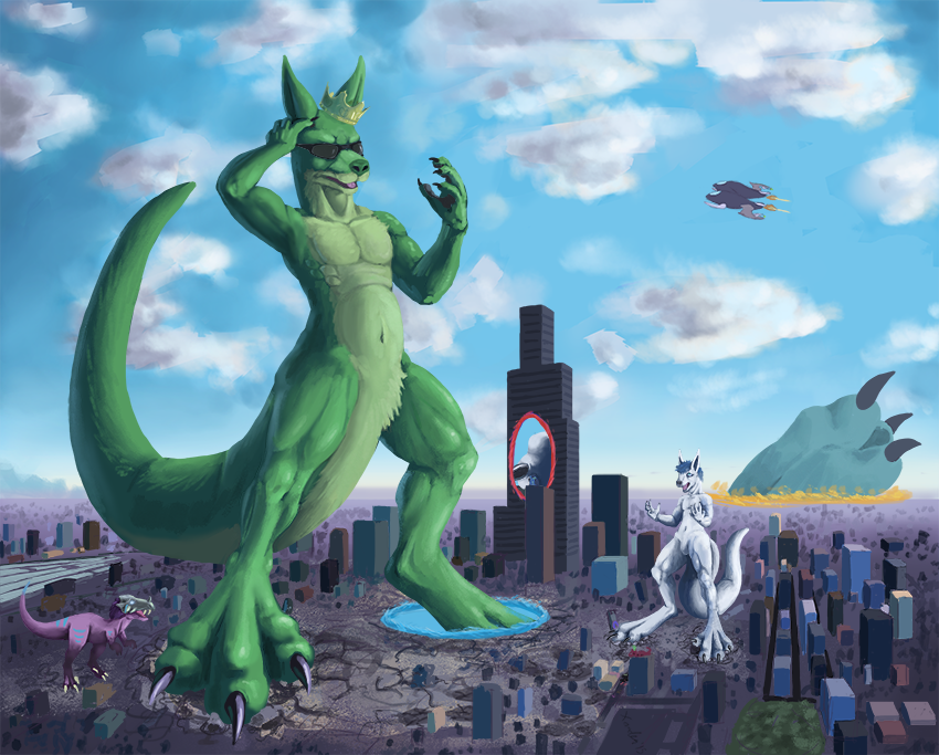 2015 aircraft airplane ambiguous_gender anthro blue_eyes blue_hair building city claws cloud crown destruction dinosaur duncan duo english_text featureless_crotch feral fur green_fur hair kangaroo macro male mammal marsupial navel nude open_mouth outside portal portal_(series) purple_scales rooth scales size_difference sky spectrumshift text toe_claws tongue valve white_fur yellow_eyes zypher
