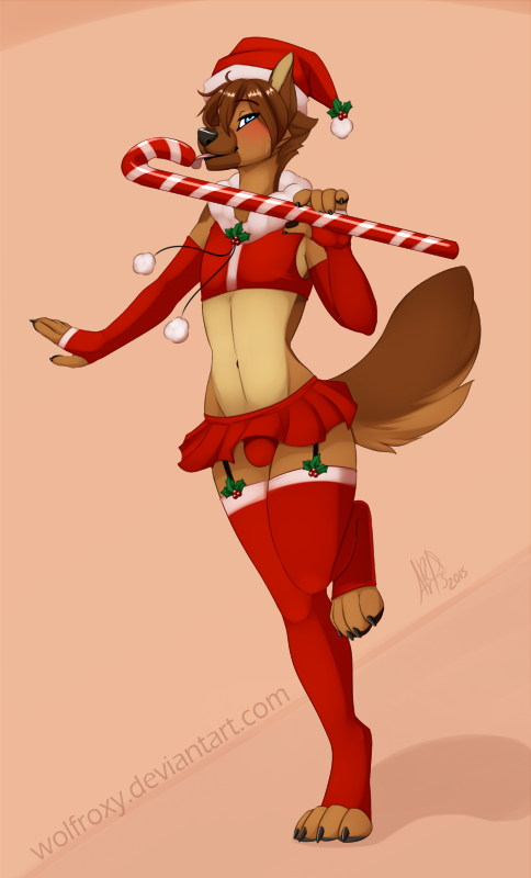 &lt;3 2015 anthro armwear blue_eyes blush brown_fur brown_hair bulge candy candy_cane canine christmas claws clothed clothing crop_top crossdressing digitigrade dog elbow_gloves food fur garter_straps german_shepherd girly gloves hair hat holidays holly_(plant) lavitzskall legwear licking looking_at_viewer male mammal midriff miniskirt panties plant pose santa_hat short_shirt simple_background skimpy skirt solo tan_fur thigh_highs tongue tongue_out underwear wolflady