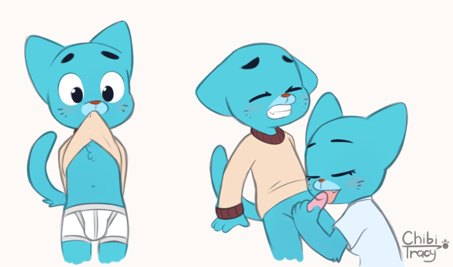 anthro blue_fur cat chibitracy clothed clothing feline female fur gumball_watterson incest mammal mature_female mother nicole_watterson oral parent son the_amazing_world_of_gumball younger_male