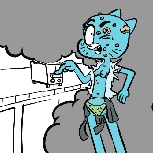 accident anthro blue_fur cat clothed clothing feline female fur mammal mature_female mother nicole_watterson panties parent skirt solo the_amazing_world_of_gumball toaster underwear