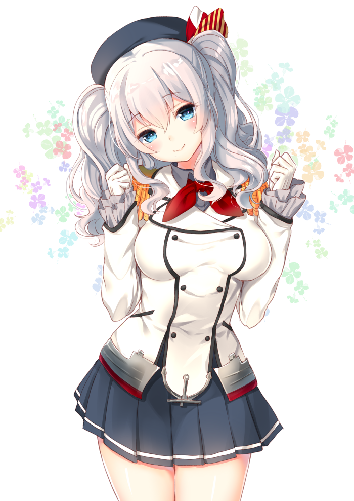 bad_id bad_pixiv_id blue_eyes breasts cowboy_shot gloves hat head_tilt jacket kantai_collection kashima_(kantai_collection) large_breasts long_hair long_sleeves looking_at_viewer military military_uniform miniskirt nunucco pleated_skirt shirt silver_hair skirt smile solo thighs twintails uniform white_gloves