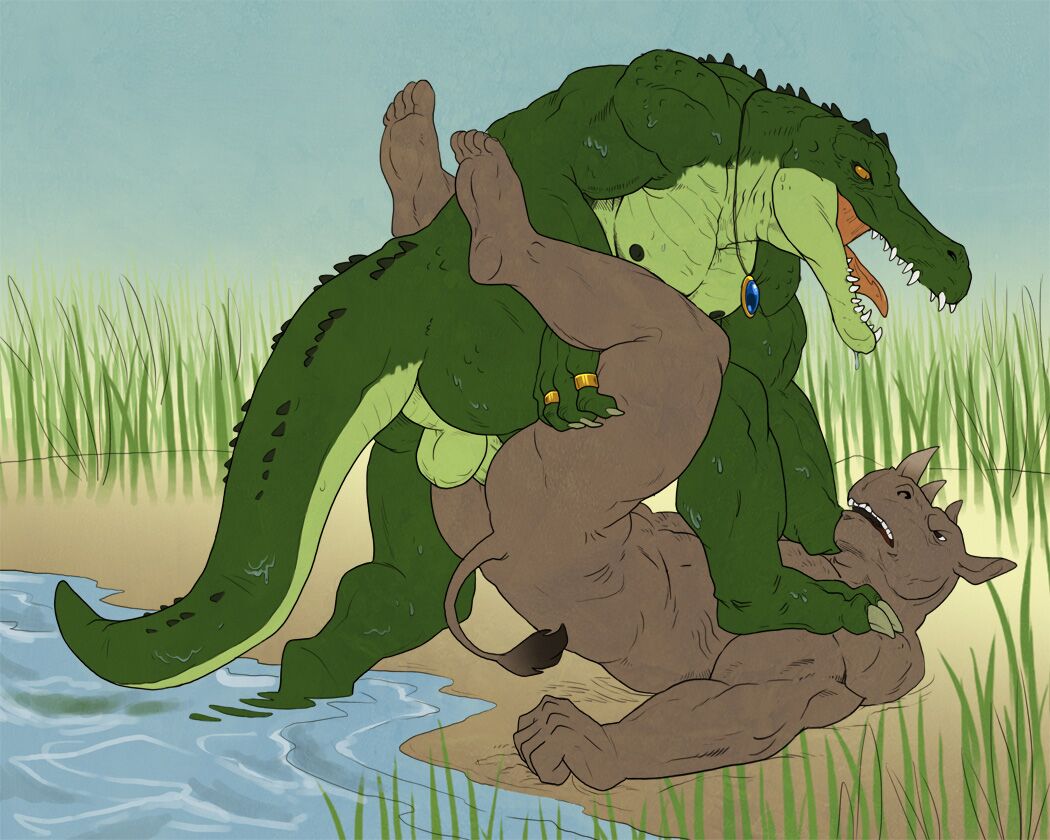abs anal badcoyote balls butt colored crocodile erection male male/male mammal muscular nude outside pecs penis reptile rhinoceros scalie simple_background source_request stinkdog water