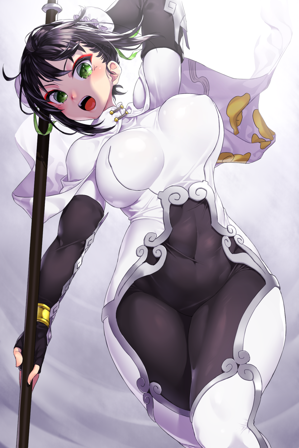 abs black_hair blush bodysuit breasts bun_cover capelet covered_navel covered_nipples double_bun erect_nipples eyeshadow fate/grand_order fate_(series) fingerless_gloves gloves green_eyes hair_ribbon highres impossible_clothes large_breasts looking_at_viewer makeup onsoku_maru open_mouth polearm qin_liangyu_(fate) ribbon solo weapon