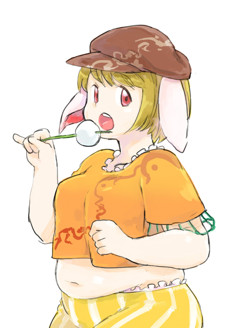 animal_ears belly blonde_hair breasts bunny_ears commentary crop_top dango ears_down eating fat flat_cap floppy_ears food hat looking_at_viewer medium_breasts navel open_mouth orange_shirt pinky_out plump red_eyes ringo_(touhou) round_teeth sape_(saperon_black) shirt short_hair shorts skewer solo striped striped_shorts teeth touhou wagashi