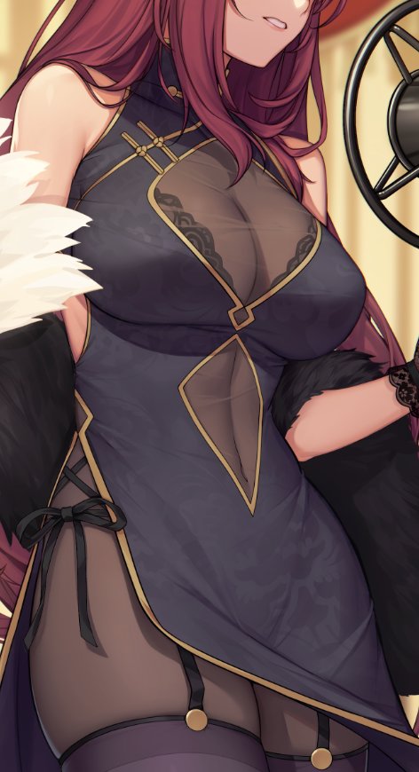 black_dress black_gloves bodysuit breasts china_dress chinese_clothes cleavage cleavage_cutout covered_navel cowboy_shot dress evan_yang fate/grand_order fate_(series) fur_trim garter_straps gloves head_out_of_frame large_breasts long_hair parted_lips purple_hair purple_legwear scathach_(fate)_(all) scathach_(fate/grand_order) see-through shawl side-tie_dress side_slit solo thighhighs
