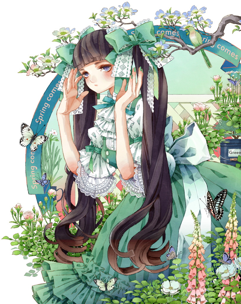 bangs bird blunt_bangs branch brown_hair bug butterfly dress english expressionless flower foxglove frilled_sleeves frills green_dress green_ribbon hair_ribbon hamondo insect lace leaf lolita_fashion long_hair nail_polish original plant purple_eyes ribbon rose solo sweet_lolita twintails very_long_hair white_flower white_rose wide_sleeves