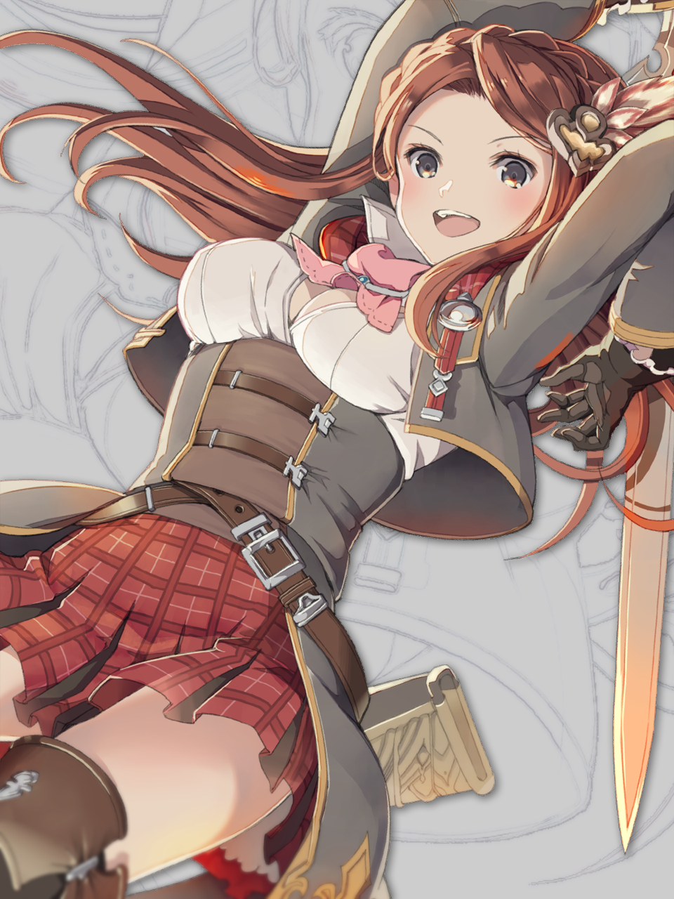 :d arms_up belt black_gloves boots braid breasts brown_hair carren_estapera cleavage cravat cropped_jacket gloves granblue_fantasy grey_eyes hair_ornament highres holding holding_sword holding_weapon large_breasts long_hair looking_at_viewer miniskirt open_mouth plaid plaid_skirt red_skirt sheath shirt skirt smile solo sword teeth thigh_boots thighhighs underbust unsheathed upskirt weapon white_shirt yoshino_ryou
