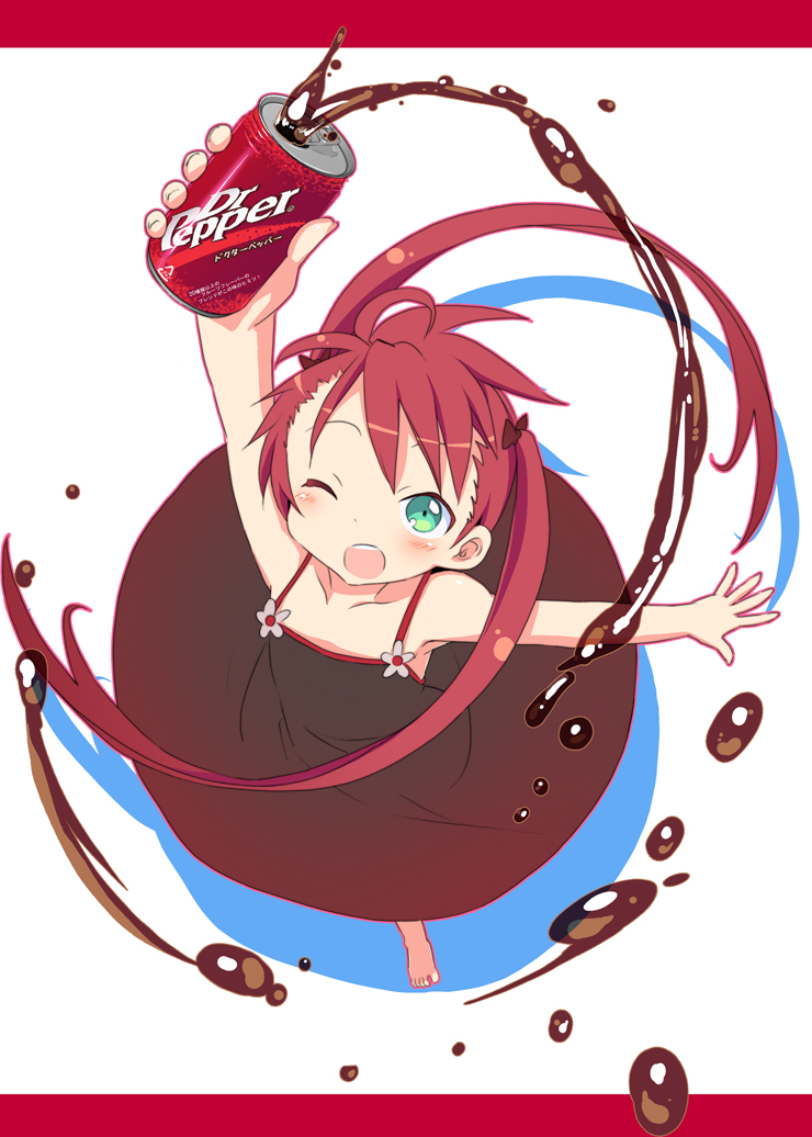 ahoge barefoot blush can child dr_pepper dr_pepper-tan dress green_eyes long_hair miyao_ryuu one_eye_closed product_placement red_hair soda_can solo twintails