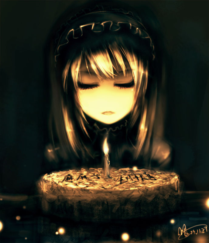 bad_id bad_pixiv_id cake candle closed_eyes copyright_request food hairband long_hair pastry silver_hair solo urami