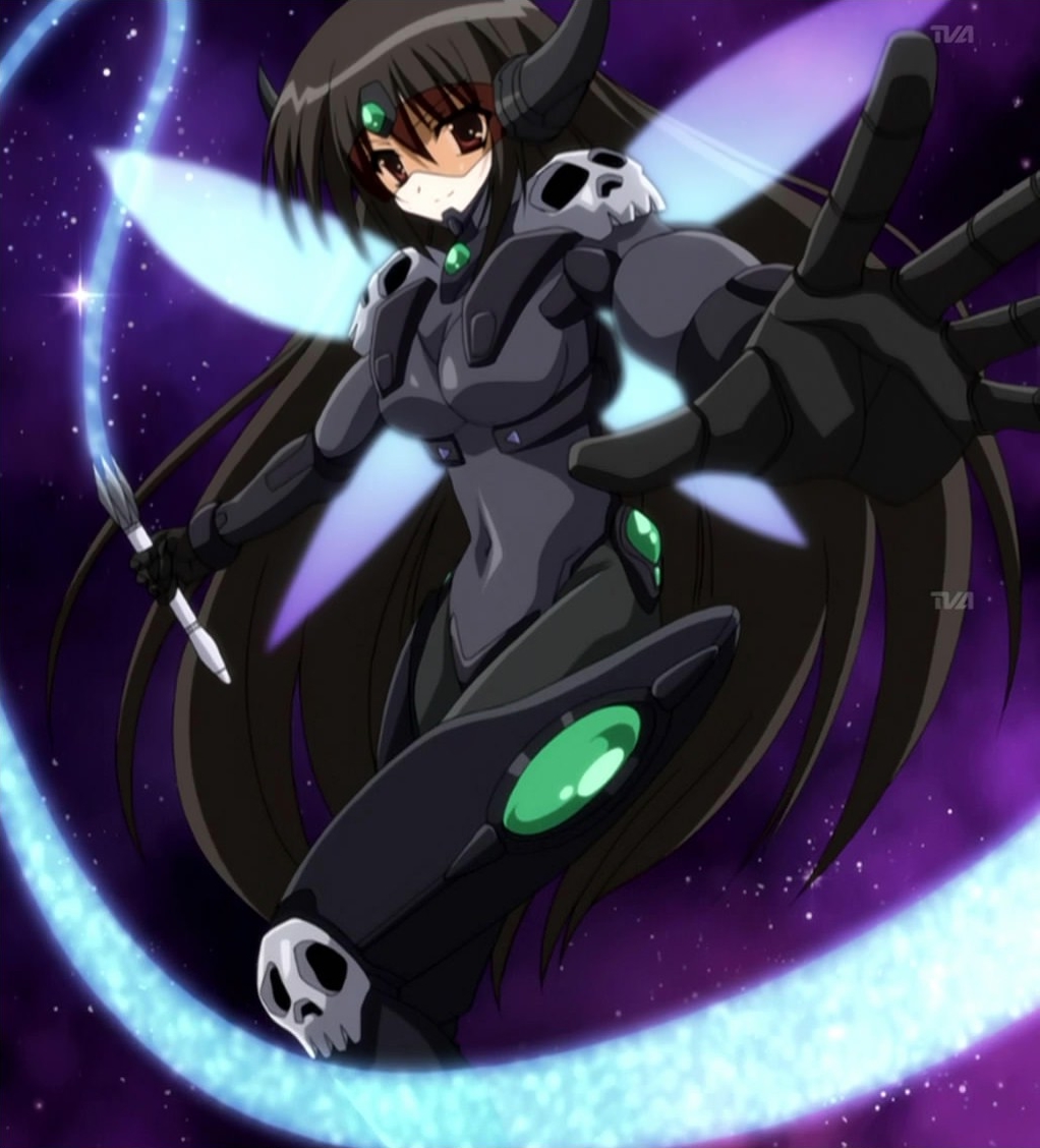 akaba_chizuru alternate_costume armor bangs black_hair bodysuit breasts covered_navel energy_weapon energy_whip fairy_wings foreshortening from_side gem gloves glowing glowing_wings holding horns large_breasts light_smile long_hair looking_at_viewer outstretched_arms screencap seitokai_no_ichizon skull sky smile solo space sparkle spread_arms standing star_(sky) starry_sky stitched third-party_edit very_long_hair visor watermark weapon whip wings