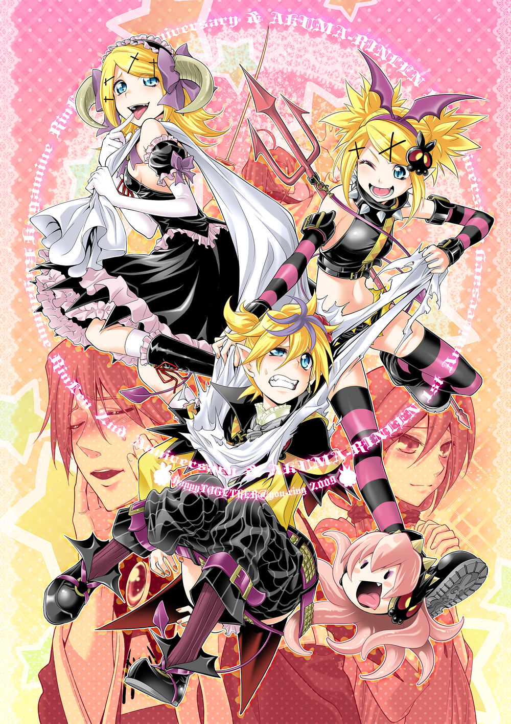 3girls bat_wings blonde_hair blue_eyes boots bow fang finger_to_mouth hair_bow hatsune_miku head_wings highres horns kagamine_len kagamine_rin kaito kamui_gakupo kitano_tomotoshi megurine_luka multiple_boys multiple_girls one_eye_closed open_mouth pink_hair pointy_ears pretty_panties_akuma_rin_(vocaloid) striped striped_legwear takoluka thighhighs tongue vocaloid wings