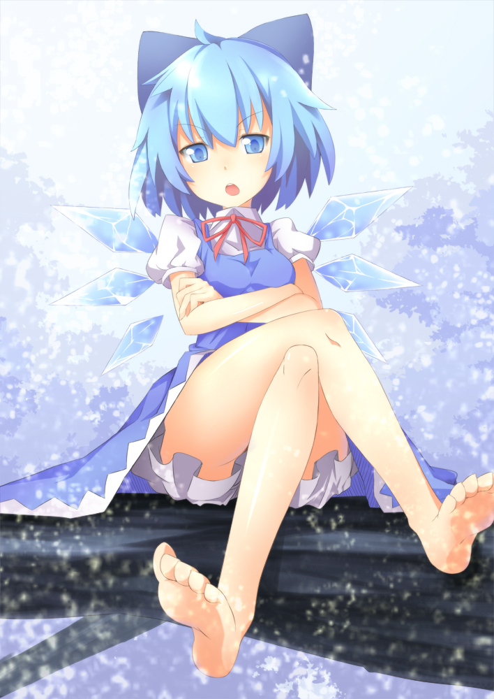 annoyed bad_id bad_pixiv_id bare_legs barefoot bloomers blue_eyes blue_hair bow breasts chonbo_(artist) cirno crossed_arms crossed_legs feet hair_bow in_tree open_mouth ribbon sitting sitting_in_tree small_breasts snowing soles solo touhou tree underwear wings