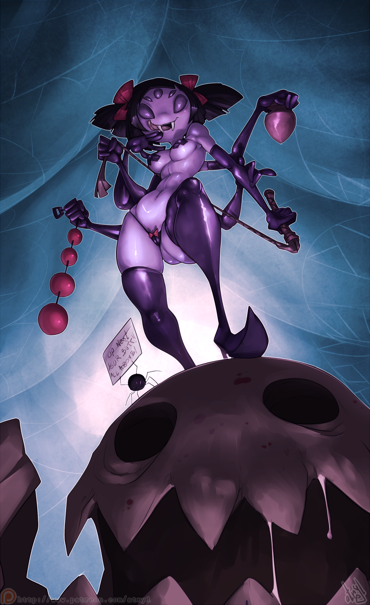 2015 anal_beads anthro arachnid arthropod atryl breasts buttplug clothing elbow_gloves english_text fangs female gloves hair hi_res legwear licking licking_lips muffet multi_limb multiple_arms multiple_eyes panties patreon pigtails sex_toy sign spider text thigh_highs tongue tongue_out undertale underwear video_games whip