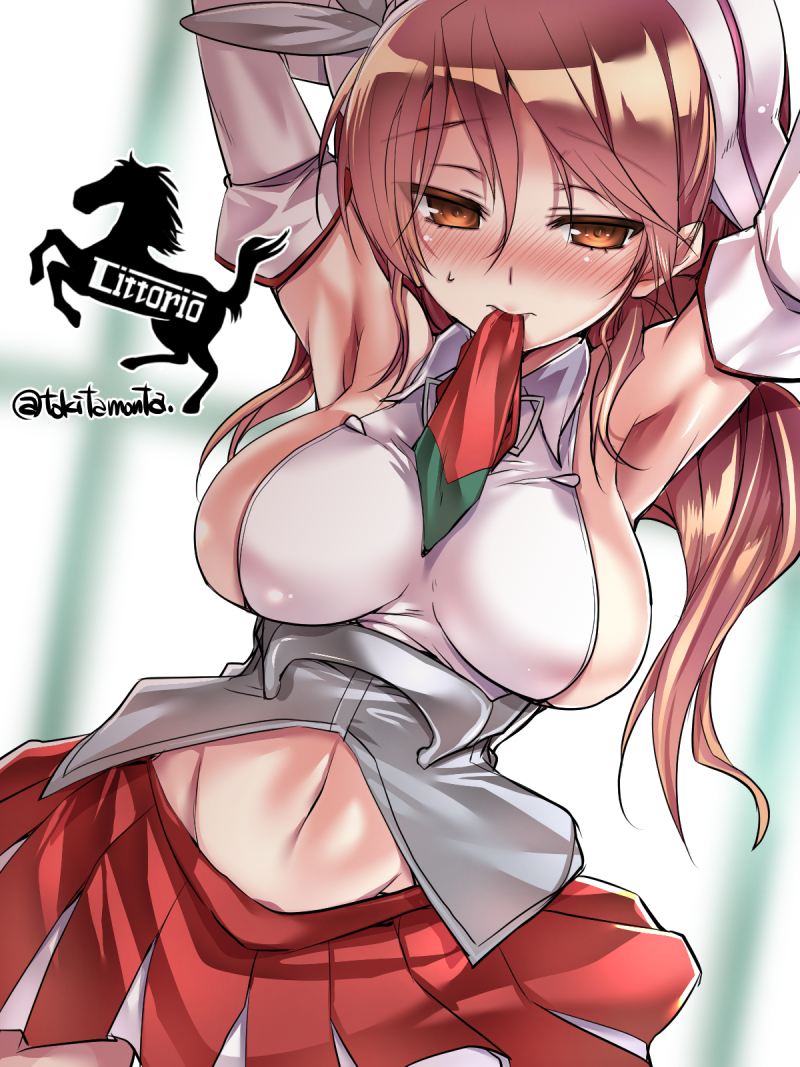 armpits arms_behind_head bad_id bad_pixiv_id blush breasts brown_hair character_name colored_eyelashes corset detached_sleeves ferrari hair_between_eyes kantai_collection large_breasts light_brown_hair littorio_(kantai_collection) long_hair looking_at_viewer looking_to_the_side midriff miniskirt mouth_hold navel pleated_skirt ponytail red_skirt sideboob skirt solo tokita_monta wavy_hair