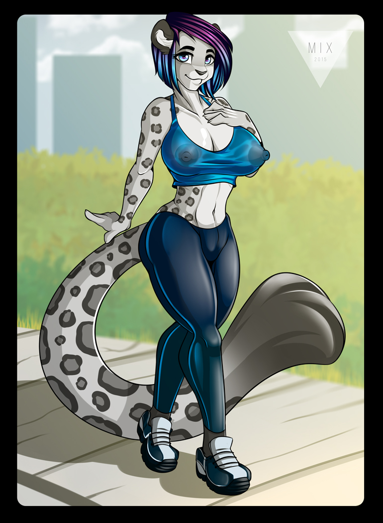 anthro areola big_breasts breasts cleavage clothed clothing erect_nipples feline female leopard llmixll looking_at_viewer mammal misha nipples smile snow_leopard solo