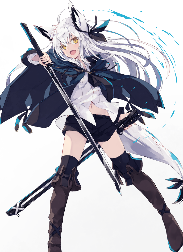 1girl :d animal_ear_fluff animal_ears black_legwear boots cape commentary_request fox_ears fox_girl fox_tail hood hood_down hooded_cape jacket knee_boots long_hair long_sleeves nagishiro_mito navel open_mouth original scabbard sheath shirt short_shorts shorts smile sword tail thighhighs unsheathed weapon white_background white_hair yellow_eyes