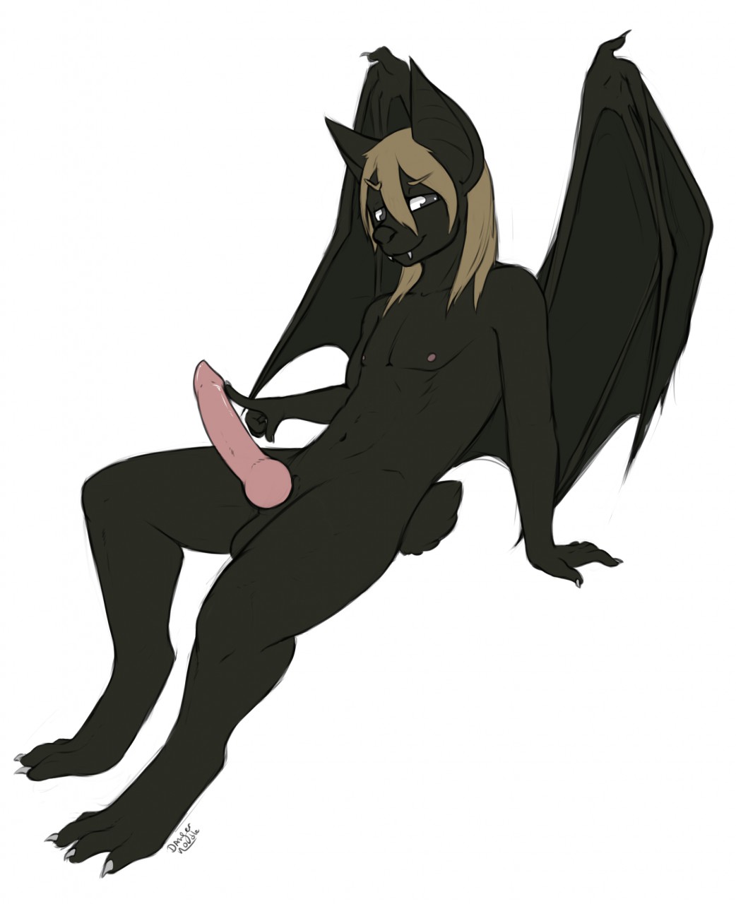 bat biobatz claws dangernoodledraws erection fangs hi_res knot looking_at_viewer male mammal nude penis poking sitting solo wings