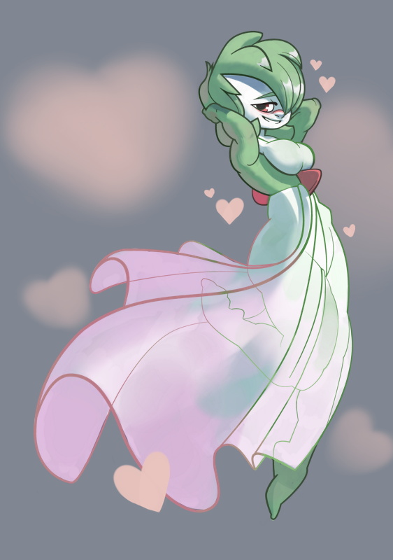 blush bottomwear breasts clothed clothing curvy_figure digital_media_(artwork) dress evening_gown female gardevoir generation_3_pokemon green_hair hair hair_over_eye heart_symbol looking_at_viewer nintendo not_furry one_eye_obstructed pinup pokemon pokemon_(species) pose red_eyes skirt smile solo stealthnachos thick_thighs voluptuous wide_hips