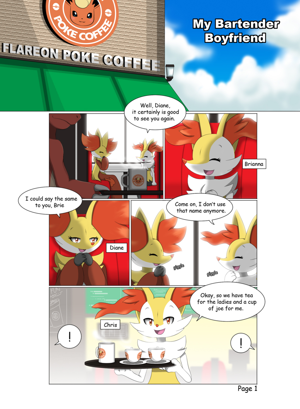 2015 anthro beverage braixen canine charmeleon claws cloud coffee comic delphox eeveelution female flareon food fox fur hi_res inner_ear_fluff male mammal nintendo open_mouth pok&eacute;mon red_eyes reptile scalie sky smile tea text tongue video_games winick-lim yellow_fur