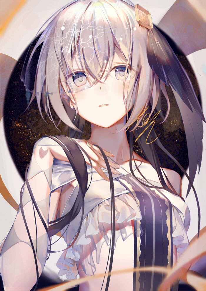 1girl bangs black_hair blush breasts commentary_request eyebrows_visible_through_hair frills hair_between_eyes hair_ornament kouyafu long_hair looking_at_viewer multicolored_hair open_mouth original purple_eyes ribbon small_breasts smile solo standing two-tone_hair very_long_hair white_ribbon