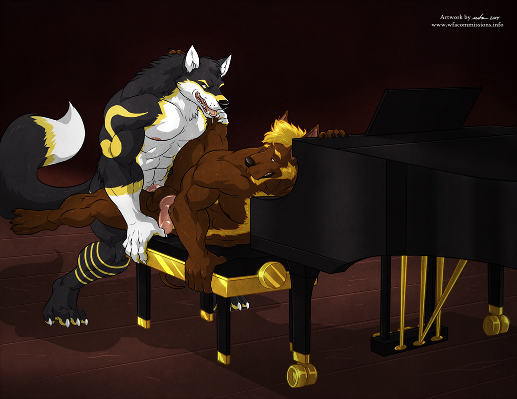 abs anal anal_penetration anthro balls black_fur blonde_hair body_hair brown_fur butt canine chest_hair clefwolf dog duke_rocheister duo erection fur great_dane hair looking_back male male/male mammal markings multicolored_fur muscular musical_instrument nude pecs penetration penis piano sex simple_background stomach_hair teeth tongue wfa white_fur wolf yellow_fur yellow_markings